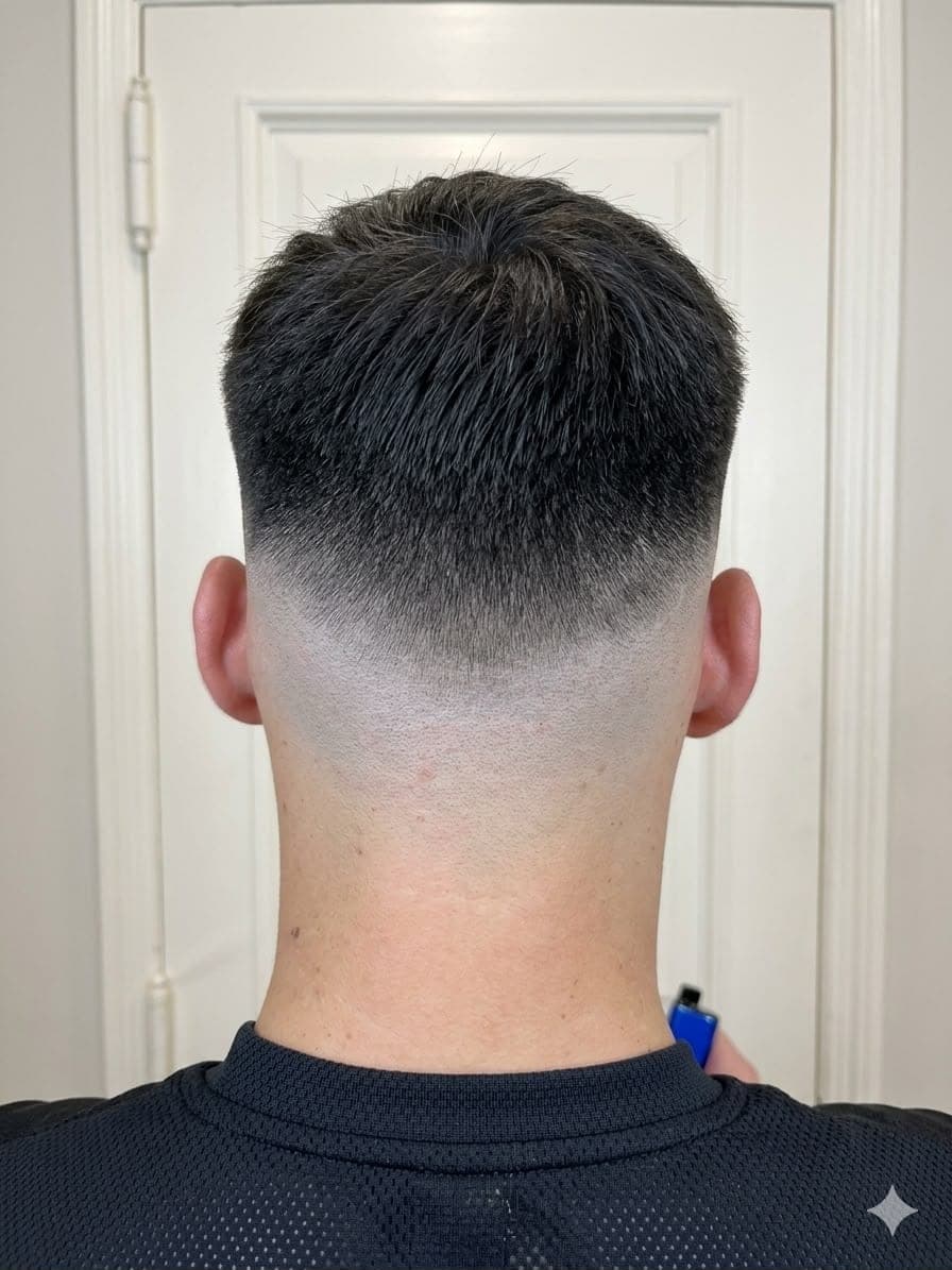 Men's haircut with a clean tapered fade at the back, seen from behind